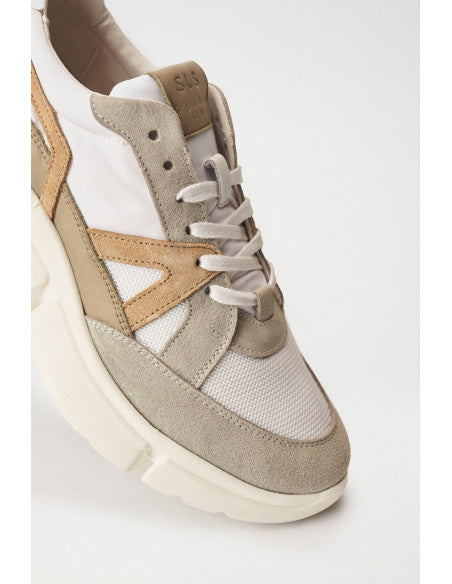 SAS Sneakers Bej, Gri Deschis și Alb din Piele Naturală Întoarsă și Material Sintetic