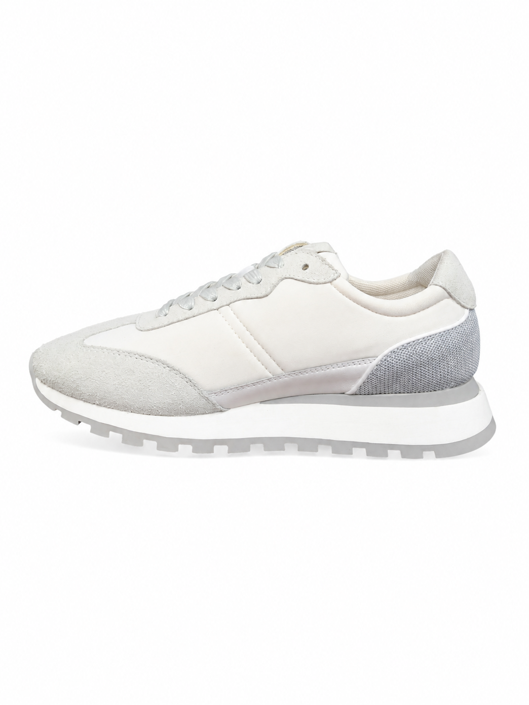 Pantofi Sport Damă din Piele Naturală și Material Textil, Crem-Alb cu Detalii Gri, Talpă Groasă