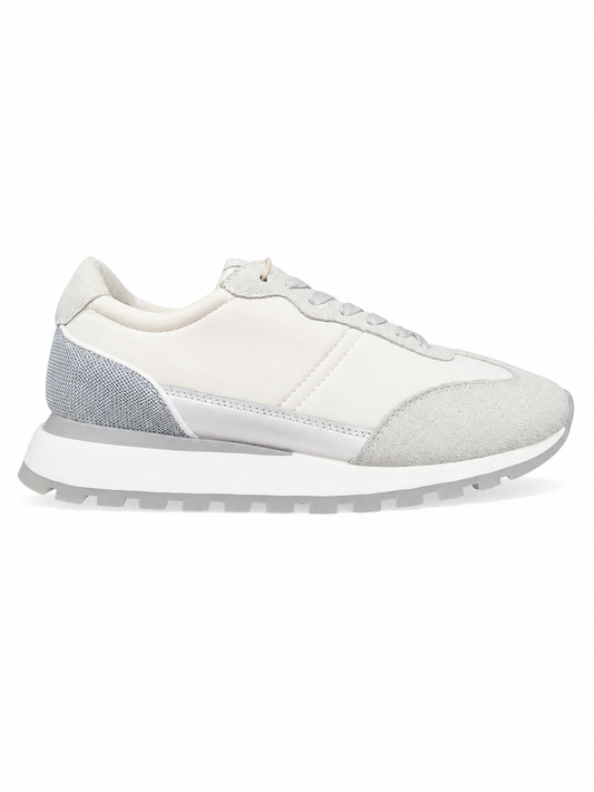 Pantofi Sport Damă din Piele Naturală și Material Textil, Crem-Alb cu Detalii Gri, Talpă Groasă