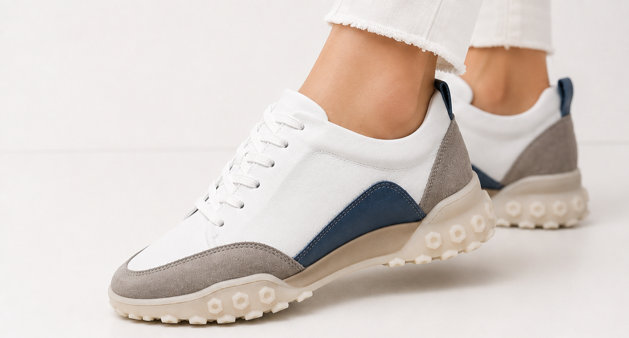 Pantofi Sport Unisex Novita din Piele Naturală 100%, Alb-Gri cu Detalii Albastre