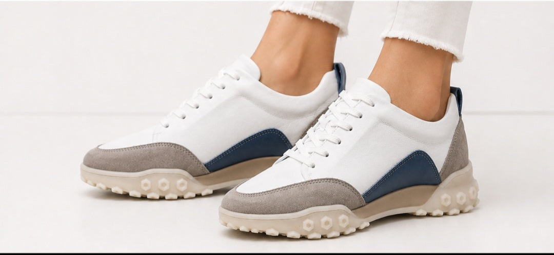 Pantofi Sport Unisex Novita din Piele Naturală 100%, Alb-Gri cu Detalii Albastre