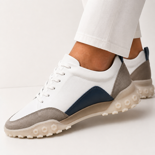 Pantofi Sport Unisex Novita din Piele Naturală 100%, Alb-Gri cu Detalii Albastre
